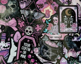 Pink and Black Witchy Stickers, Halloween Skull & Rose Vinyl Decals