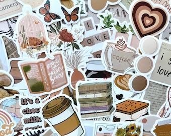 Boho Sticker Pack Bookish Coffee Aesthetic Stickers Neutral Vinyl Decals for Journal Scrapbook Kindle Laptop Water Bottle