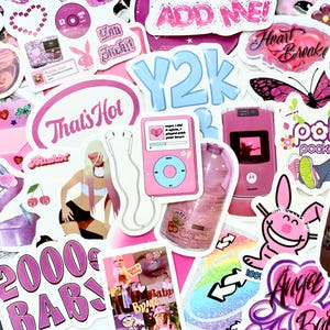 May include: A collection of pink and white stickers with Y2K and early 2000s themes. Stickers include text like "That's Hot," "2000s Baby," and "Add Me!" along with images of a flip phone, iPod, and a cartoon bunny.