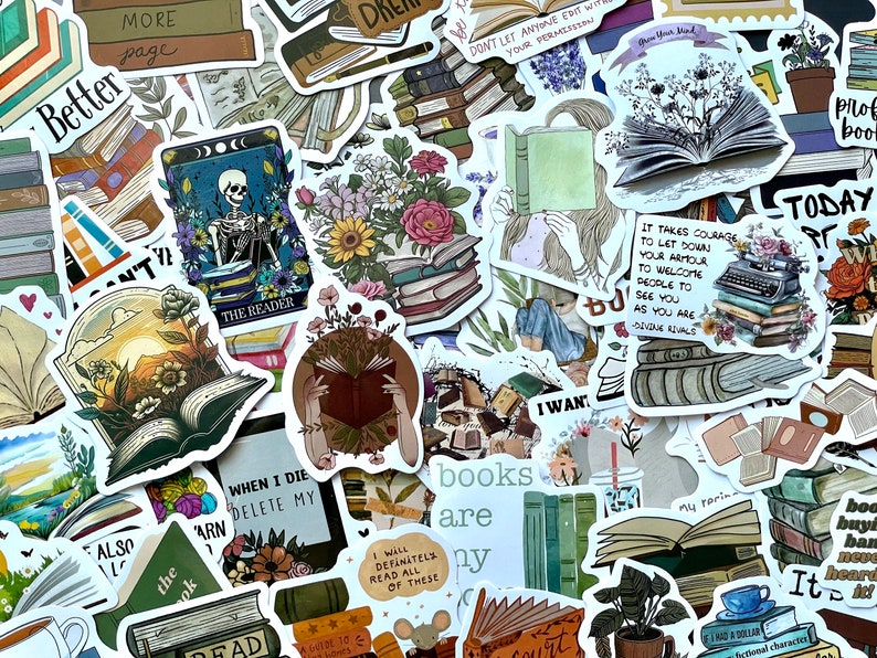 May include: A collection of colorful book-themed stickers featuring illustrations of books, flowers, and a skeleton reading a book. The stickers have various quotes about reading, including "The Reader", "When I Die Delete My", "Books Are My", and "It Takes Courage To Let Down Your Armor".