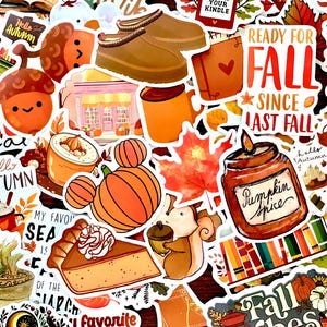 May include: A collection of autumn-themed stickers featuring illustrations of pumpkins, acorns, a squirrel, a slice of pumpkin pie, a candle labeled Pumpkin Spice, brown slippers, and text including Ready for Fall Since Last Fall and Hello Autumn.