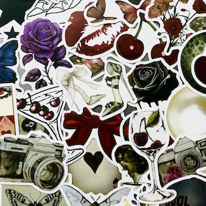 May include: A collection of stickers featuring various designs. Includes a purple rose, a black rose, butterflies, cherries, high heels, a camera, martini glasses, and playing card elements. The stickers have a white border.