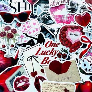 May include: A collage of stickers with a romantic theme. Includes red sunglasses, roses in a champagne glass, dice with hearts, a heart-shaped cake, and the text "One Lucky B". Other stickers feature lips, cherries, and a disco ball.