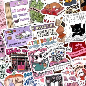 May include: A collage of colorful stickers with book-related themes. Designs include a cat on a book, a credit card that says "Bookish Bank", and phrases like "Life is better with cats & books".