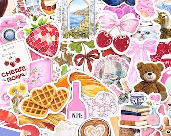 Aesthetic Sticker Pack – Girly Vinyl Stickers for Kindles, Journals, Scrapbook, & Water Bottle | Coquette, Pink, Pinterest Collage Decals