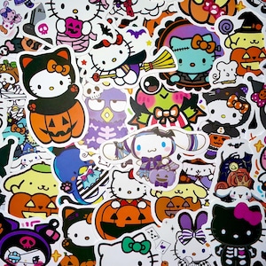 May include: A collection of Halloween-themed stickers featuring Hello Kitty and other characters. The stickers are colorful and feature various designs, including pumpkins, ghosts, bats, and candy corn.