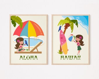 Aloha Hawaii, Set of 2, Digital Art, Wall Decor, Hawaii Art Prints, Tropical Art, Mid-Century Hawaii, Wall Art Set, Aloha Print, Hawaii Art