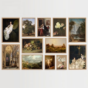 Könnte beinhalten: Eine Collage aus 11 gerahmten Kunstdrucken mit verschiedenen Motiven, darunter Landschaften, Porträts, Stillleben und religiöse Szenen. Die Drucke sind in einem Raster auf einer weißen Wand angeordnet.