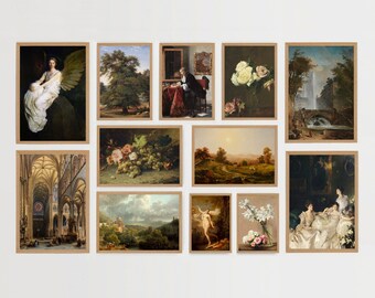 May include: A collage of 11 framed art prints featuring a variety of subjects, including landscapes, portraits, still lifes, and religious scenes. The prints are arranged in a grid pattern on a white wall.