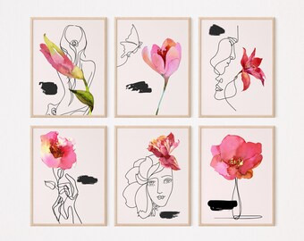 Floral Line-Art, digitaler Download, 6er-Set, botanische Wandkunst, Blumendekor Poster, benutzerdefinierte Wandkunst Set, Line-Art, digitale druckbare Kunst