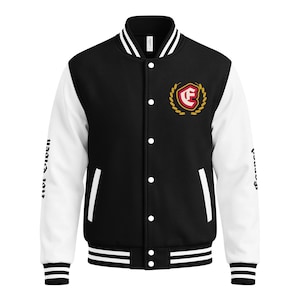 May include: A black varsity jacket with white sleeves, featuring a ribbed collar, cuffs, and hem with white stripes. The front has white snap buttons, two side pockets, and a red and white emblem with the letter C inside a gold wreath.