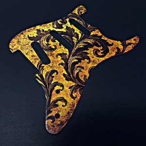 Aluminum Stratocaster Pickguard: Gold Floral UV Print, Made in USA