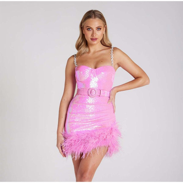 Mini Sequin Feather Dress | Performance Dance Dress | Evening Dress Feather Shiny |Party Club Dress | Formal Dress For Women's | Performance