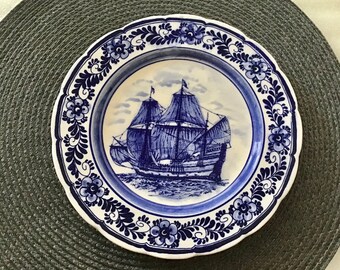 Delft's blue vintage wall plate. Royal ship.