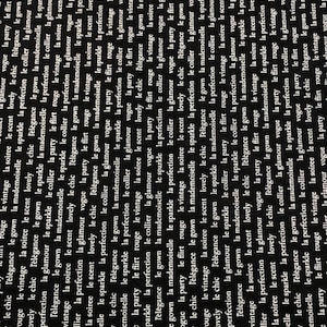 May include: Black and white fabric with a repeating pattern of the words "glamour", "vogue", "party", "flirt", "rouge", "vintage", "soiree", "scent", "lovely", "chic", "élégance", "gown", "mademoiselle", "sparkle", "perfection", "collier", and "la".