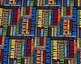 May include: A black background with a repeating pattern of Australian city and town names in various colors, including red, orange, yellow, green, blue, and purple. The names are arranged in a diagonal pattern, creating a dynamic and colorful design.