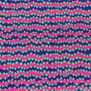 以下が含まれることがあります： 波打つ模様と白い水玉模様のピンクとブルーの生地です