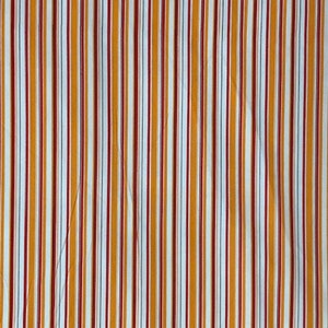 May include: A white fabric with thin vertical stripes in red, yellow, and blue.