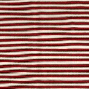 May include: Red and white striped fabric with a subtle shimmer. The fabric has a woven texture and is perfect for crafting projects.