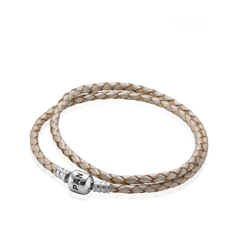 Pandora Cream Champagne Braided Leather Double Bracelet Etsy UK
