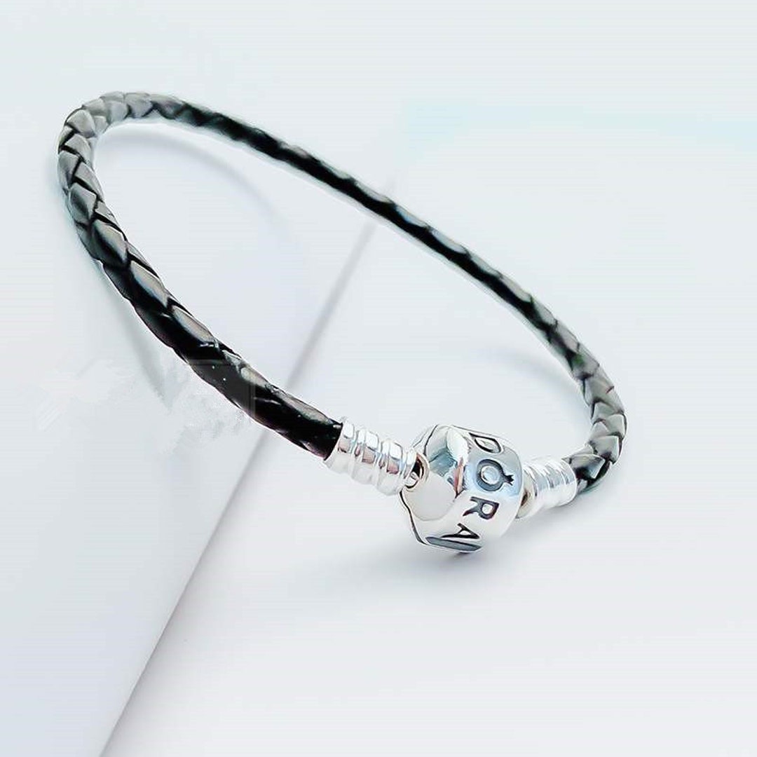 925 Sterling Silver Pandora Bracelet Double Braided Leather Black Etsy