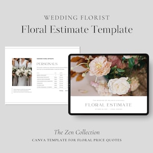 Può includere: Un modello digitale di preventivo floreale per fioristi di matrimoni. L'immagine mostra un tablet e un documento con il testo "Floral Estimate Template". Il modello include una sezione per i dati personali e un'immagine di composizione floreale.