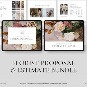 Pacchetto di preventivi e proposte per fioristi, modelli CANVA per fioristi di matrimoni, presentazione dei prezzi e moodboard floreali, stile zen, download immediato.