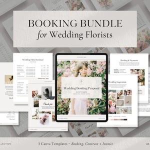 Può includere: Un pacchetto di design digitale per fioristi di matrimoni. L'immagine mostra un tablet che mostra un modello di proposta di matrimonio, circondato da documenti stampati per fatture, preventivi e contratti. Il testo recita "Booking Bundle for Wedding Florists."