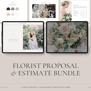 May include: A digital product bundle for florists, featuring Canva templates for proposals and estimates. The image displays two tablets showcasing floral designs and a woman. The text reads "Florist Proposal & Estimate Bundle."