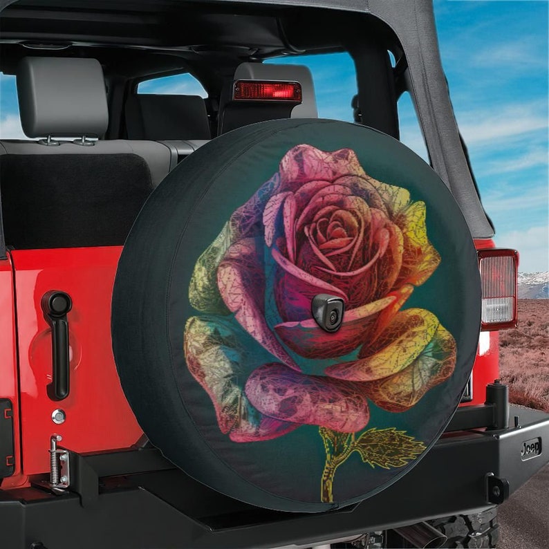 Spare Tire Cover, For Jeep, For Bronco, For Camper, For RV, For SUV, Colorful Rose Design, Option With Camera Hole, For Her image 3