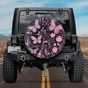 Spare Tire Cover, For Jeep, For Bronco, For Camper, For RV, For SUV, Butterflies and Flowers in Black and Pink Design, For her