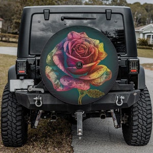 Spare Tire Cover, For Jeep, For Bronco, For Camper, For RV, For SUV, Colorful Rose Design, Option With Camera Hole, For Her image 2