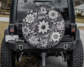 Spare Tire Cover, For Jeep, SUV, Camper, Flower Pattern Design 2 Spare Tire Cover With Backup Camera Hole