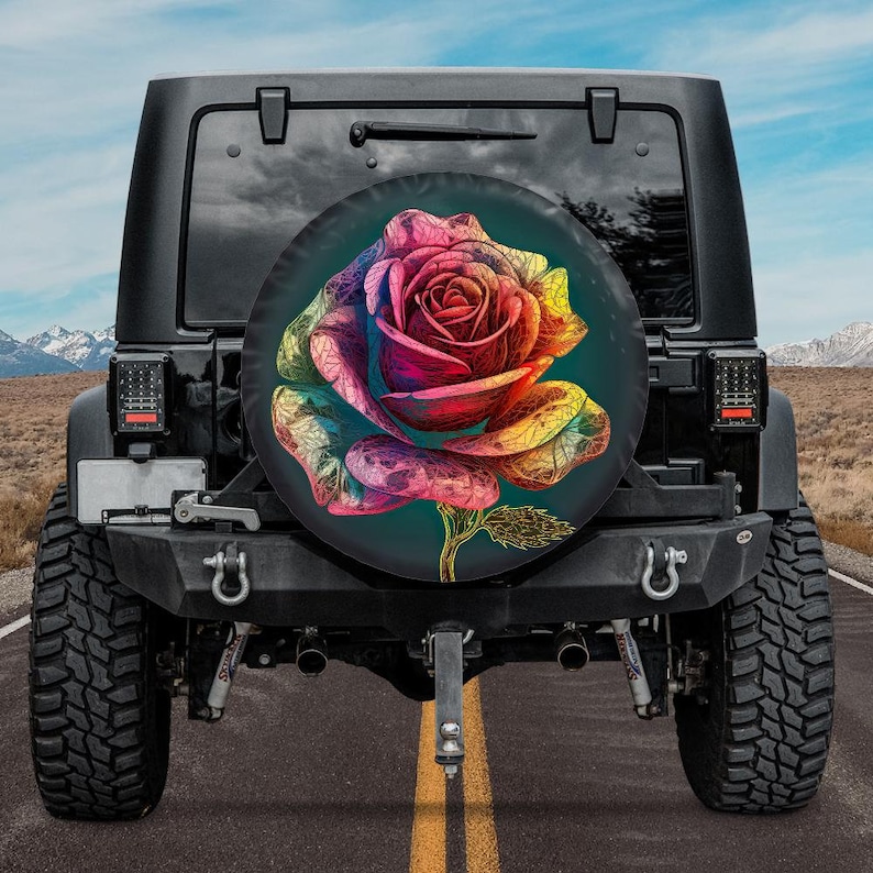 Spare Tire Cover, For Jeep, For Bronco, For Camper, For RV, For SUV, Colorful Rose Design, Option With Camera Hole, For Her image 1