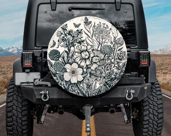 Spare Tire Cover, For Jeep, For Bronco, For Camper, For RV, For SUV, White Flower Pattern 3, Option With Camera Hole, For Her