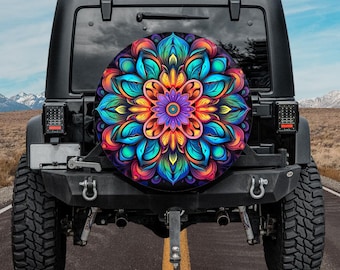 Spare Tire Cover, For Jeep, For Bronco, For Camper, For RV, For SUV, Colorful Mandala Pattern 4, Option With Camera Hole, For Women