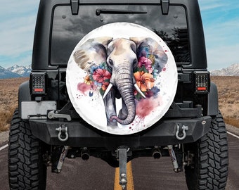 Spare Tire Cover, For Jeep, For Bronco, For Camper, Floral Elephant 2, Option With Camera Hole, For Her, Indie