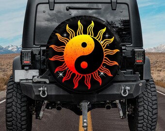 Spare Tire Cover, For Jeep, For Bronco, For Camper, For RV, For SUV, Yin Yang Sun Red Yellow Gradient, Option With Camera Hole, Hippy, Boho