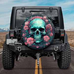 Spare Tire Cover, For Jeep, SUV, Camper, RV, Bronco, Pink and Blue Flower Skull Design