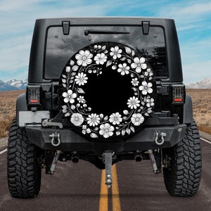 Spare Tire Cover, For Jeep, For Bronco, For Camper, For RV, For SUV, Black Flower Pattern, Option With Camera Hole, For Her image 1
