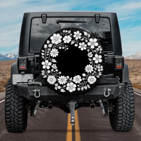Spare Tire Cover, For Jeep, For Bronco, For Camper, For RV, For SUV, Black Flower Pattern, Option With Camera Hole, For Her