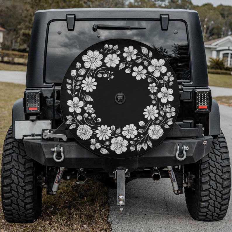 Spare Tire Cover, For Jeep, For Bronco, For Camper, For RV, For SUV, Black Flower Pattern, Option With Camera Hole, For Her image 2