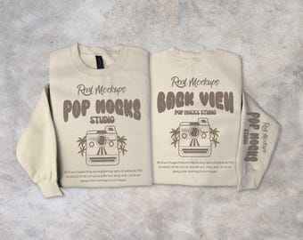 Gildan 18000 Sand Mock - Front & Back Flat lay Mockup Minimalist Background - G18000 Shirt Mockup - Lifestyle Unisex Sweatshirt G18000