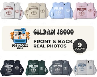 Gildan 18000 Mock Bundle - Front & Back Flat lay Mockup on White Background - G18000 Shirt Mockup - Lifestyle Unisex Sweatshirt G18000