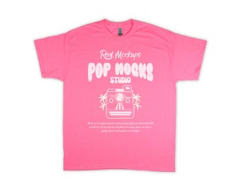 Gildan 5000 - Safety Pink : Flat lay Mockup on White Background - Plain Front G500 Shirt Mock - G5000 Lifestyle Unisex TShirt