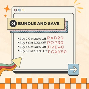 May include: A digital graphic with the text "BUNDLE AND SAVE" in a banner. Below, a list offers discounts: Buy 2 Get 20% Off RAD20, Buy 3 Get 30% Off POP30, Buy 4 Get 40% Off JIVE40, and Buy 5+ Get 50% Off FOXY50. The background is light orange.