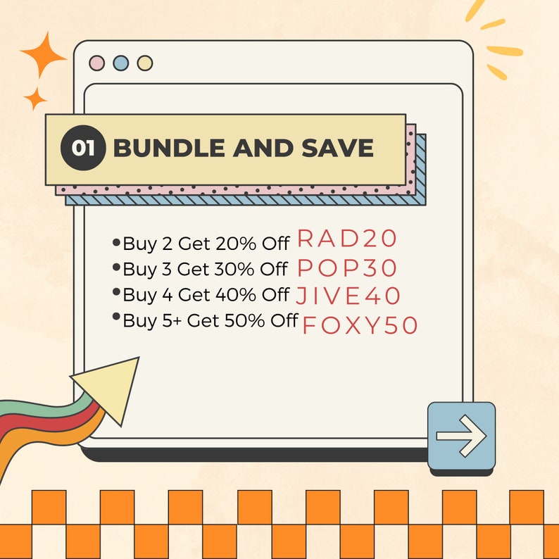 May include: A digital graphic with the text "BUNDLE AND SAVE" in a banner. Below, a list offers discounts: Buy 2 Get 20% Off RAD20, Buy 3 Get 30% Off POP30, Buy 4 Get 40% Off JIVE40, and Buy 5+ Get 50% Off FOXY50. The background is light orange.