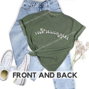 Comfort Colors 1717 - Moss : Flat lay Mockup on White Background - CC1717 Tied Shirt Mock w/ Retro Mom Jeans - Lifestyle Front & Back