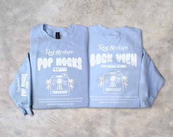 Gildan 18000 Light Blue Mock - Front & Back Flat lay Mockup Minimalist Background - G18000 Shirt Mockup - Lifestyle Unisex Sweatshirt G18000