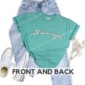 Comfort Colors 1717 - Seafoam : Flat lay Mockup on White Background - CC1717 Tied Shirt Mock w/ Retro Mom Jeans - Lifestyle Front & Back